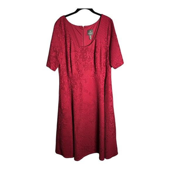 Adrianna Papell Red Textured Short Sleeve A Line Dress Scoop Neck Size 16W - Picture 1 of 8